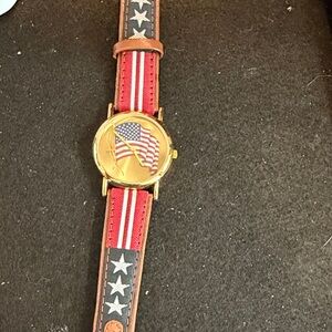 Gold-Tone Watch with American Flag Dial and Red Stripe Strap